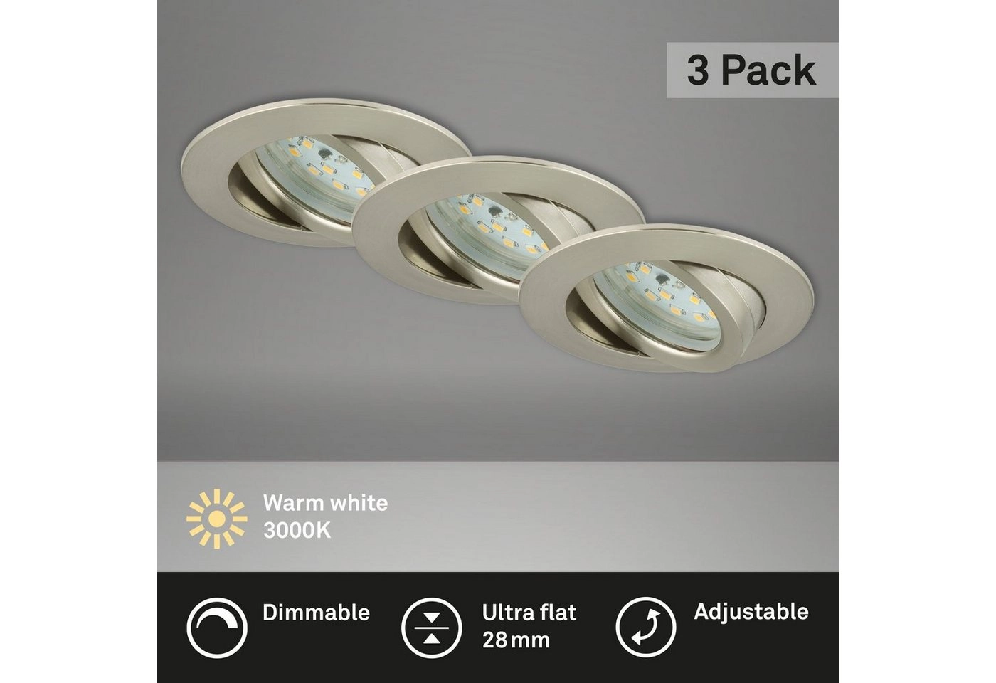 3er Set LED Einbauleuchte, Ø 8,2 cm, 5,5 W, Matt-Nickel