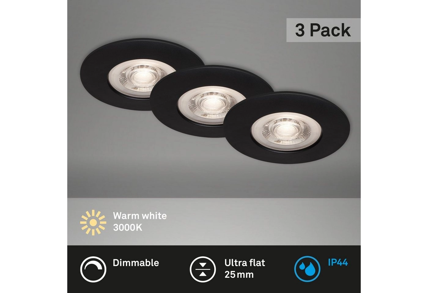 3er Set LED Einbauleuchte, Ø 9 cm, 5 W, Schwarz