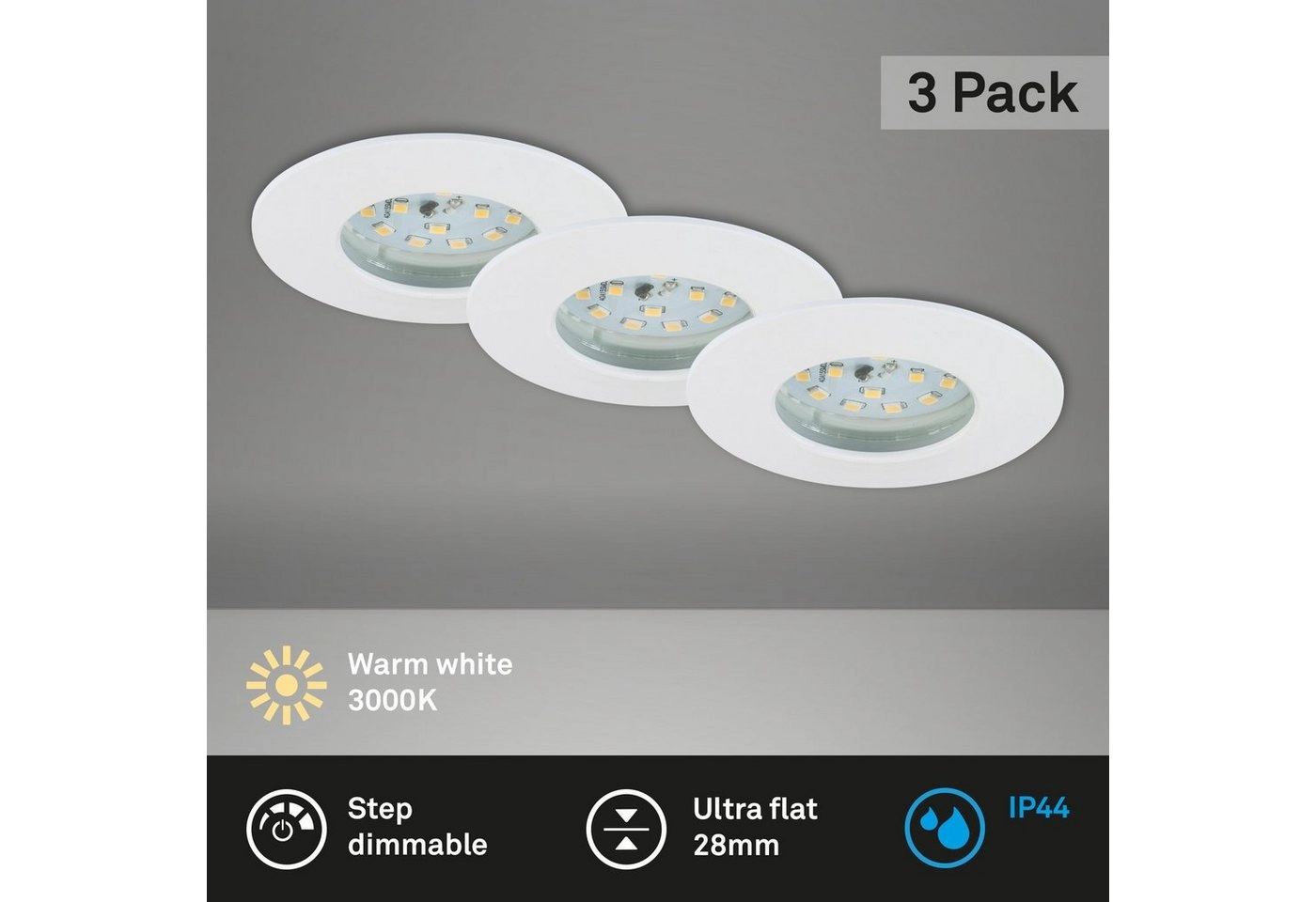 3er Set LED Einbauleuchte, Ø 7,5 cm, 6,5 W, Weiß