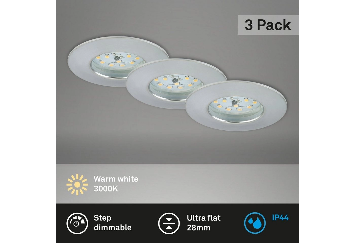 3er Set LED Einbauleuchte, Ø 7,5 cm, 6,5 W, Alu