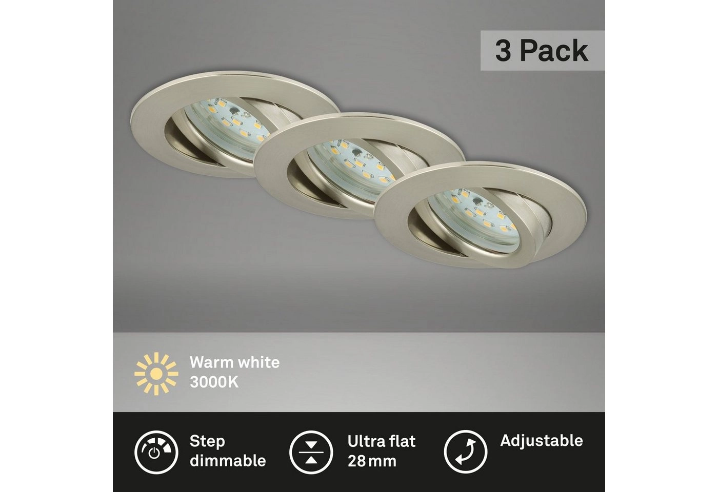 3er Set LED Einbauleuchte, Ø 8,2 cm, 6,5 W, Matt-Nickel