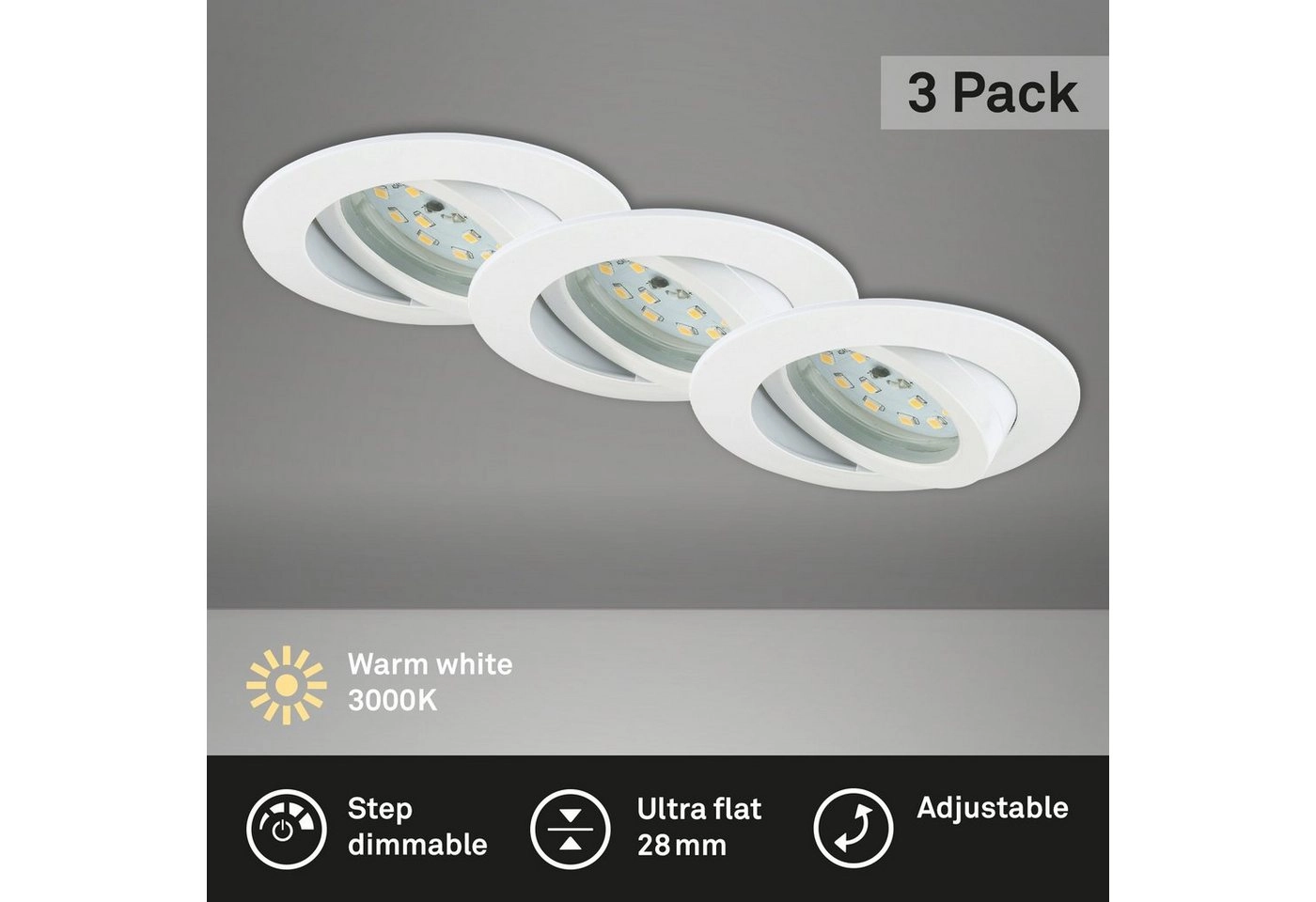 3er Set LED Einbauleuchte, Ø 8,2 cm, 6,5 W, Weiß