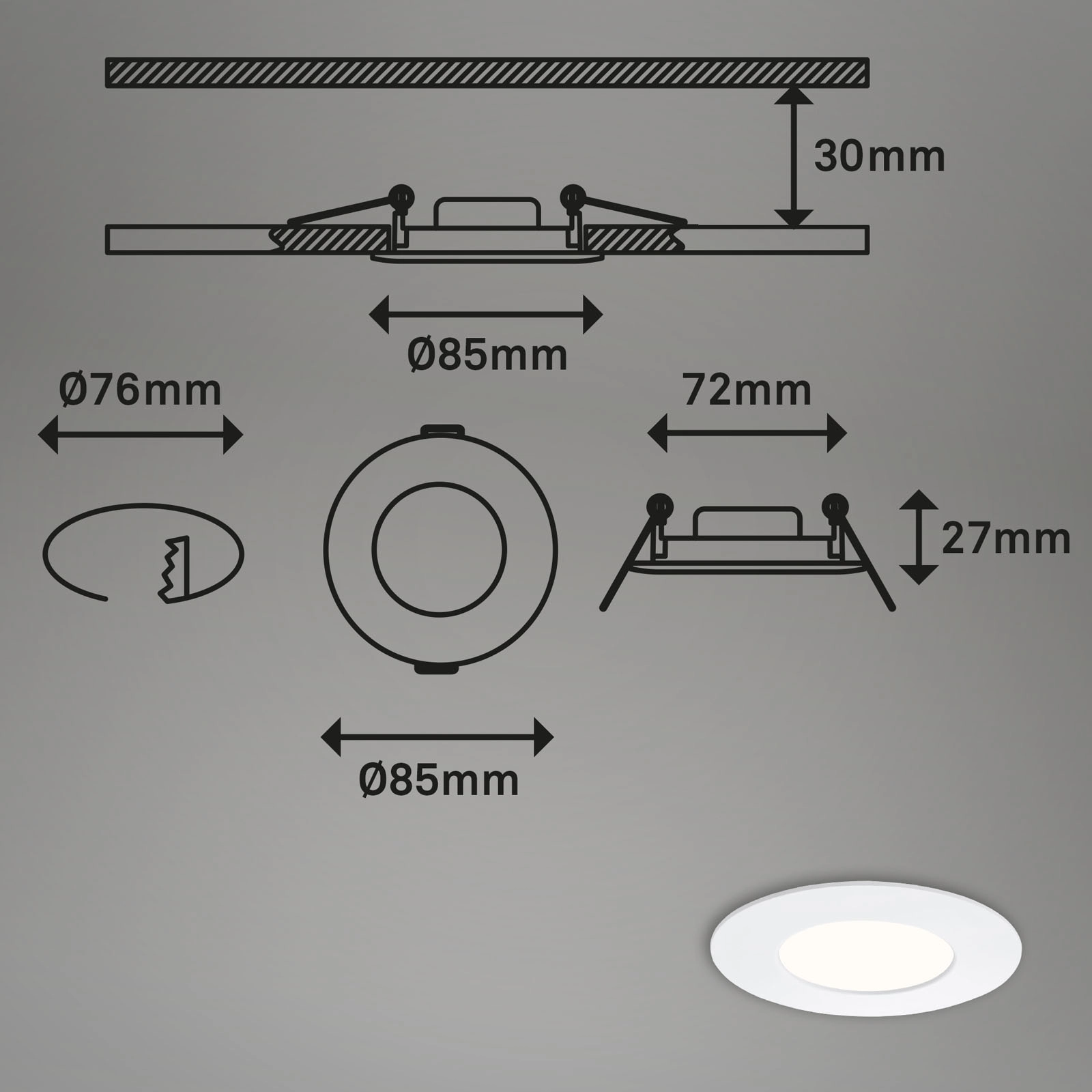 3er Set LED Einbauleuchte, Ø 8,5 cm, 4,9 W, Weiß