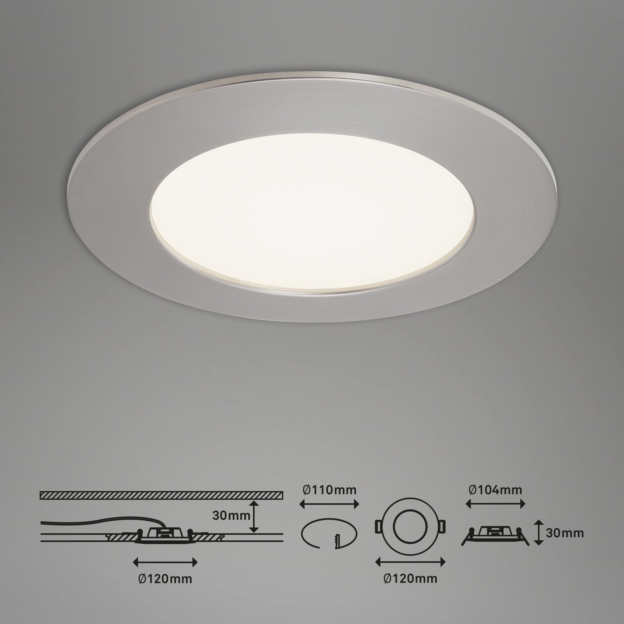 LED Einbauleuchte, Ø 12 cm, 6,4 W, Matt-Nickel