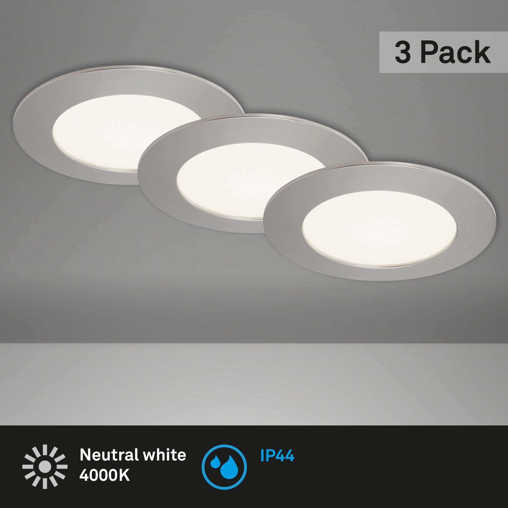 3er Set LED Einbauleuchte, Ø 12 cm, 8 W, Matt-Nickel