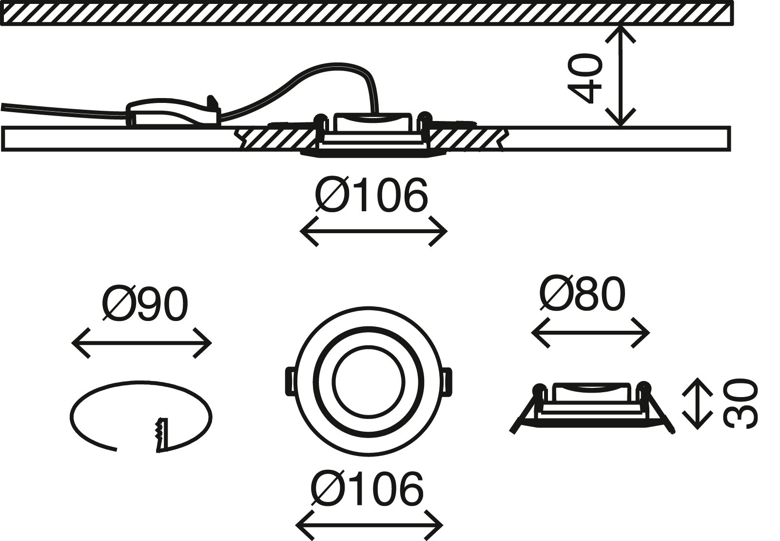 3er Set LED Einbauleuchte, Ø 10,6 cm, 4,8 W, Matt-Nickel