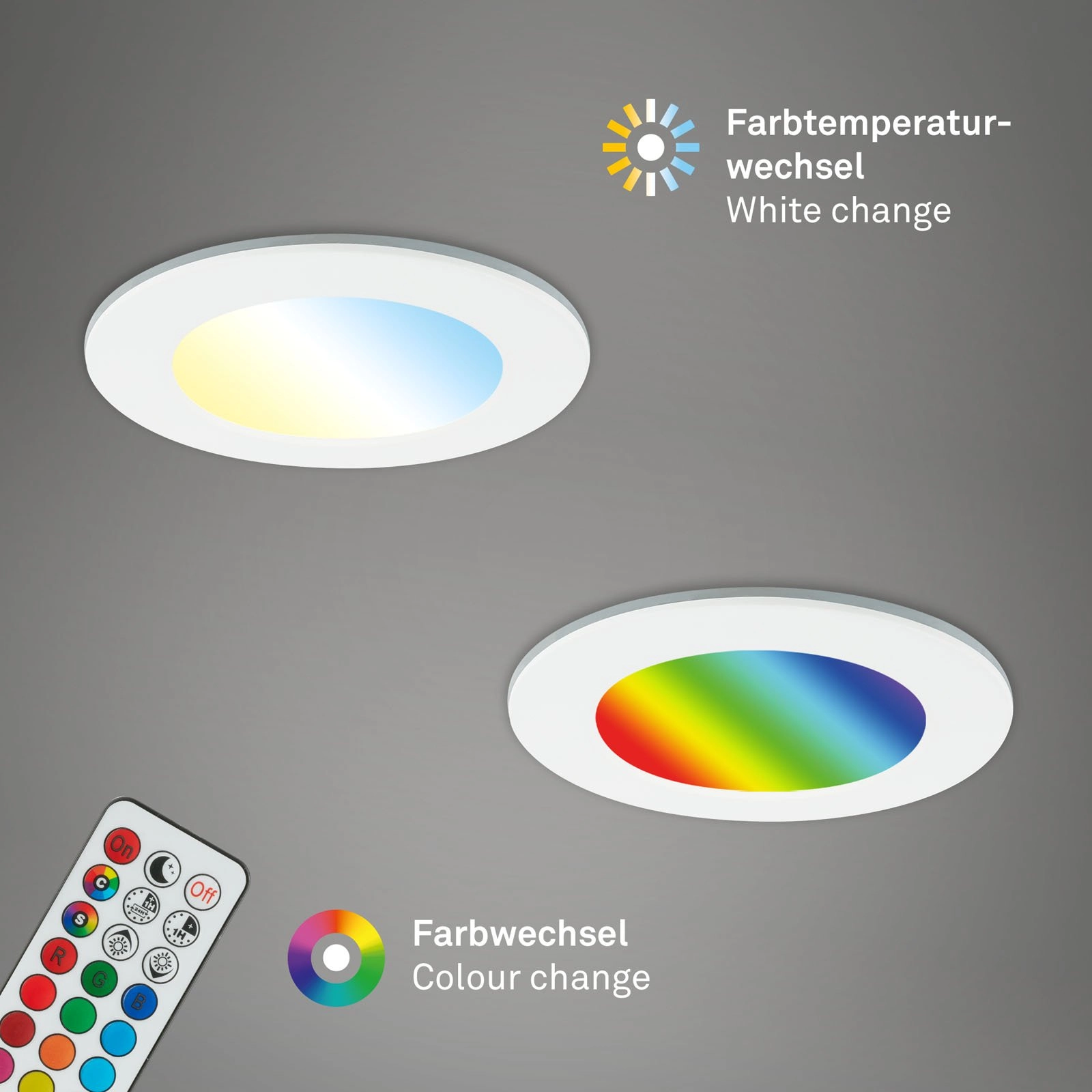 RGB-CCT LED Einbauleuchten-Set, Ø9,2 cm, 3x LED, 4,8 W, 450 lm, weiß