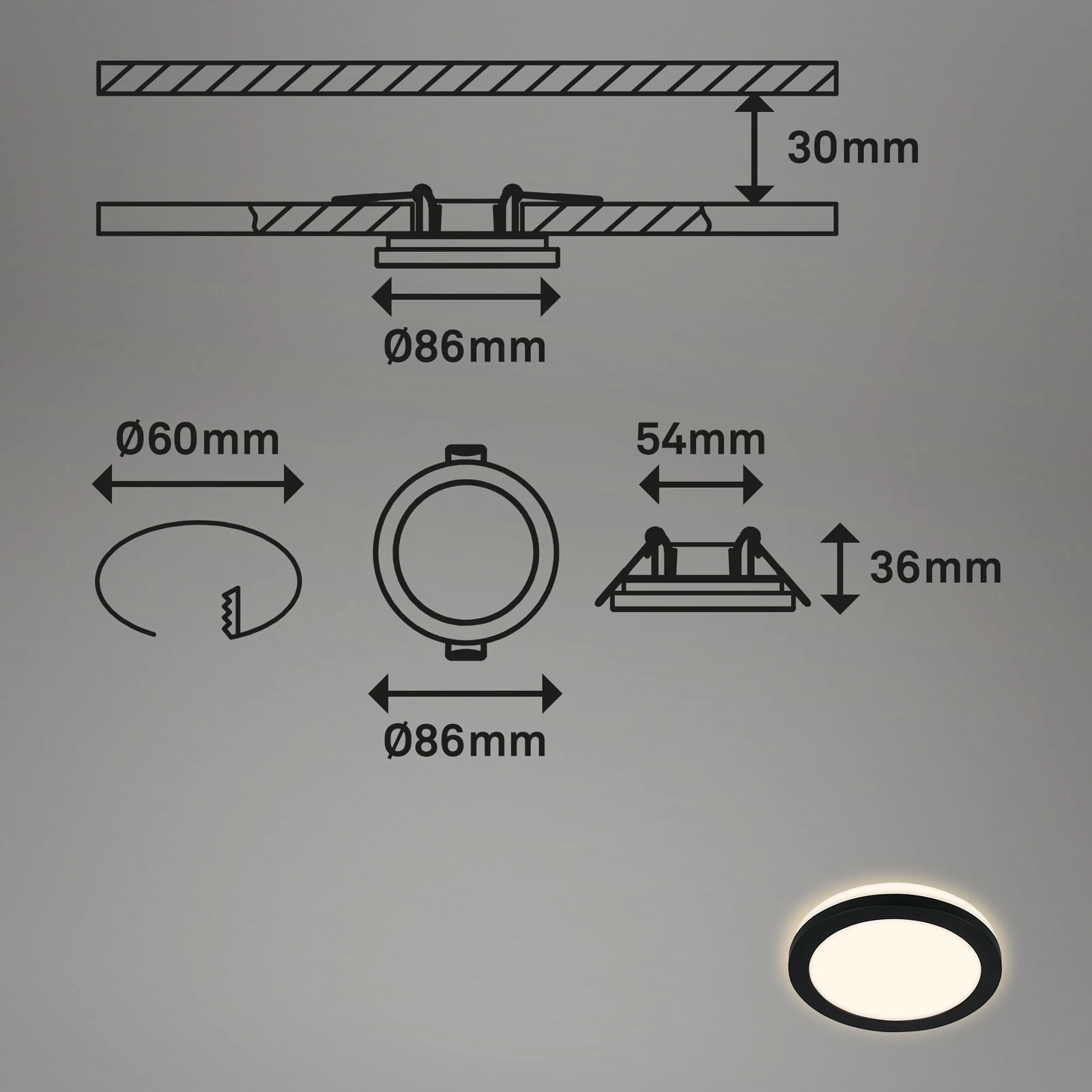 LED-Einbauleuchten, Ø8,4 cm, 3x LED, 3 W, 350 lm, schwarz