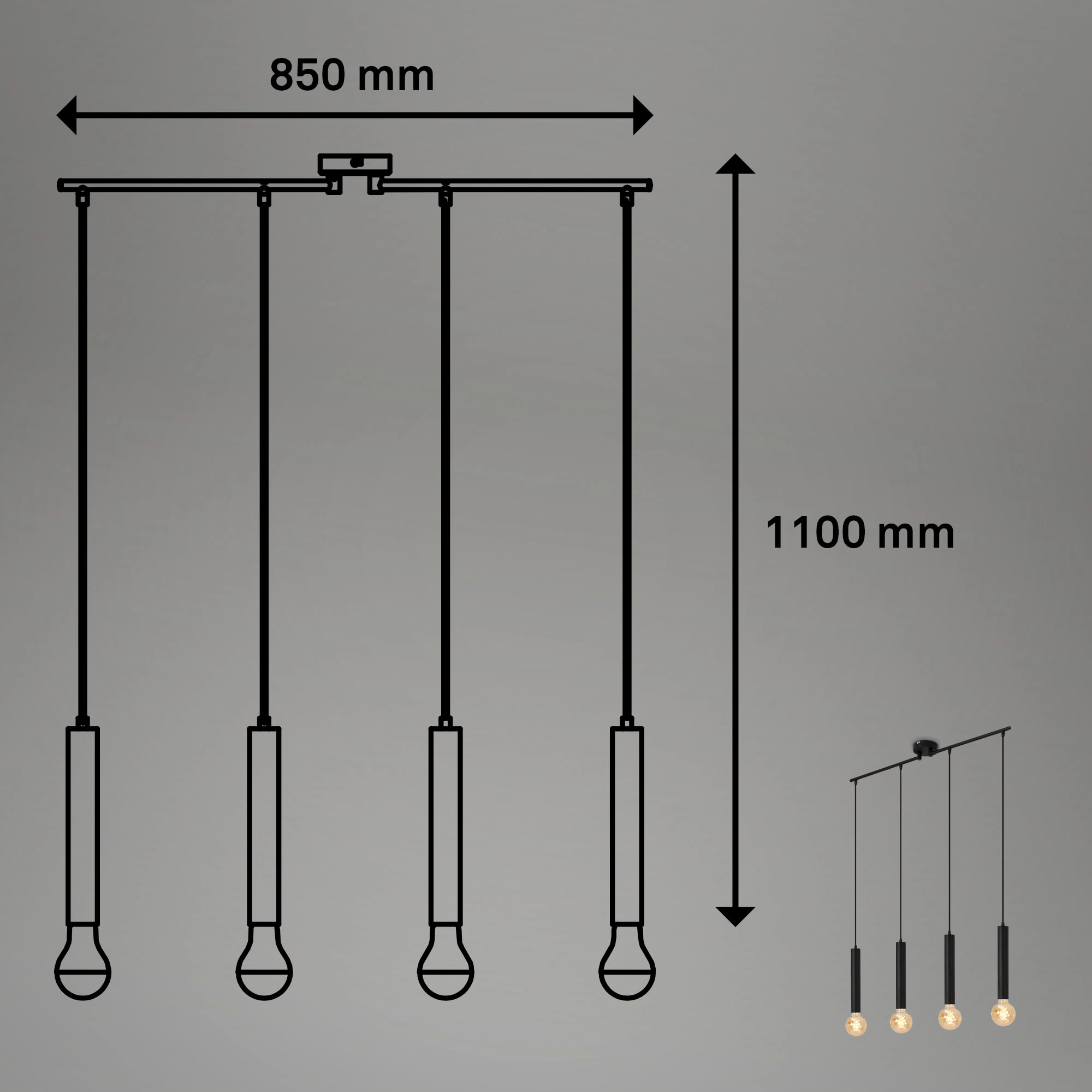 Retro Pendelleuchte, 85 cm, exkl. 4x E27, max. 60 W, schwarz-matt