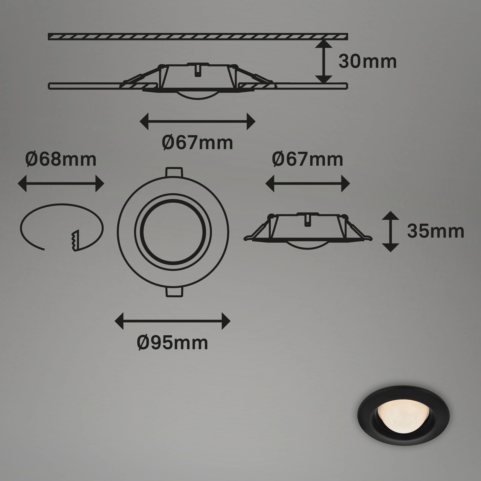 LED Einbauleuchten-Set, Ø9,5 cm, 3x LED, 3 W, 260 lm, schwarz