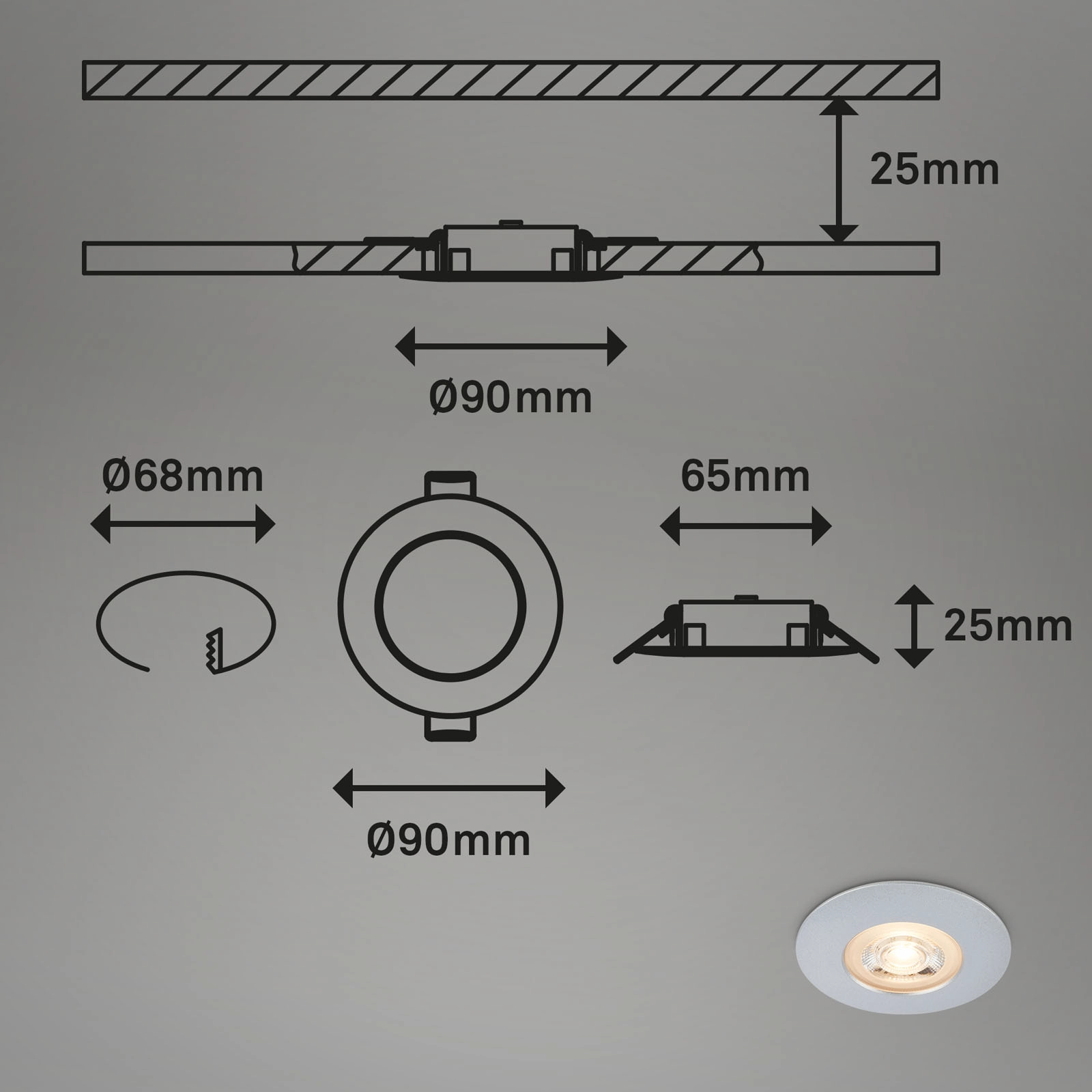 LED Einbauleuchten, Ø9 cm, 3x LED, 5 W, 480 lm, chrom-matt