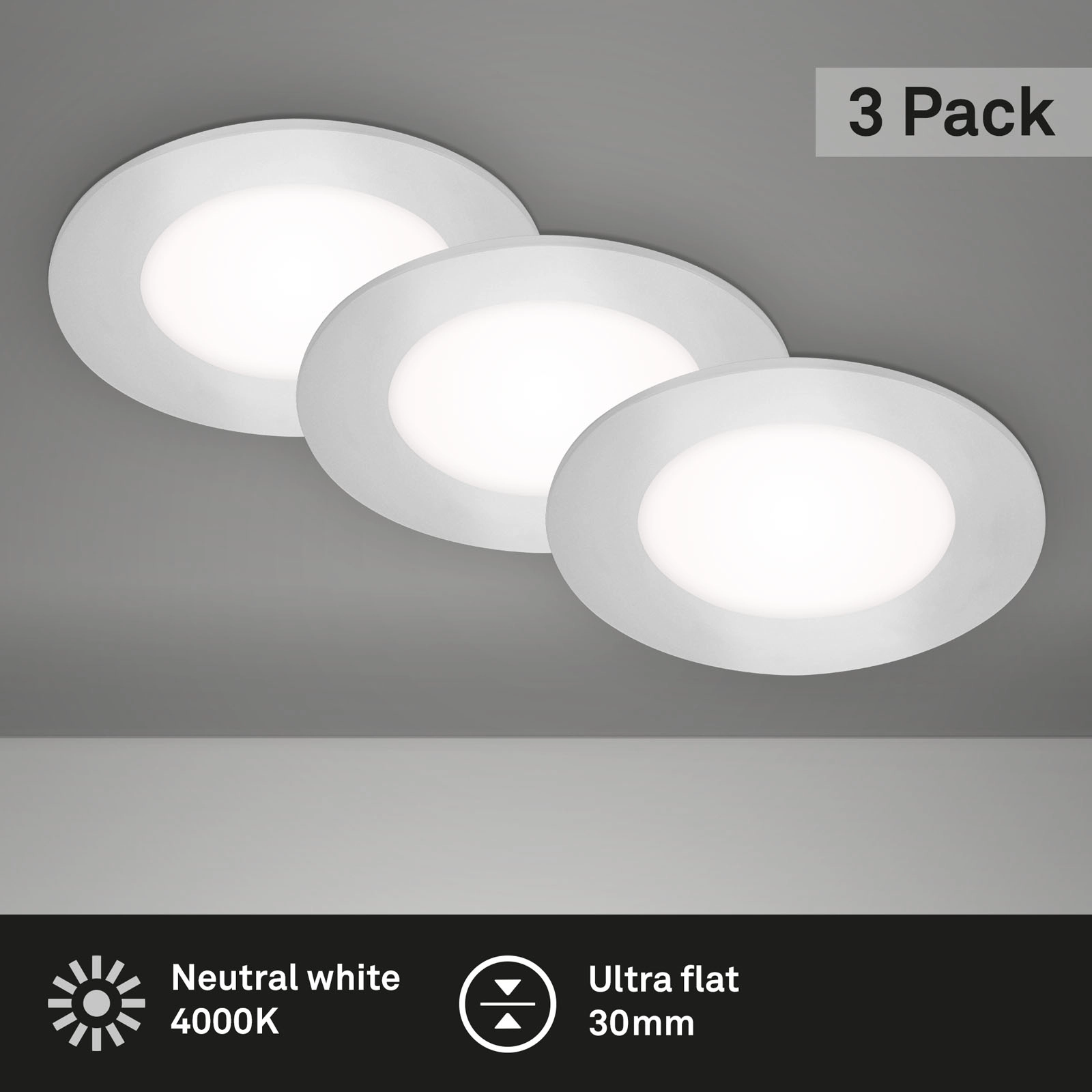 LED Einbauleuchten 3er-Set, Ø8,6 cm, 3x LED, 3 W, 350 lm, chrom-matt