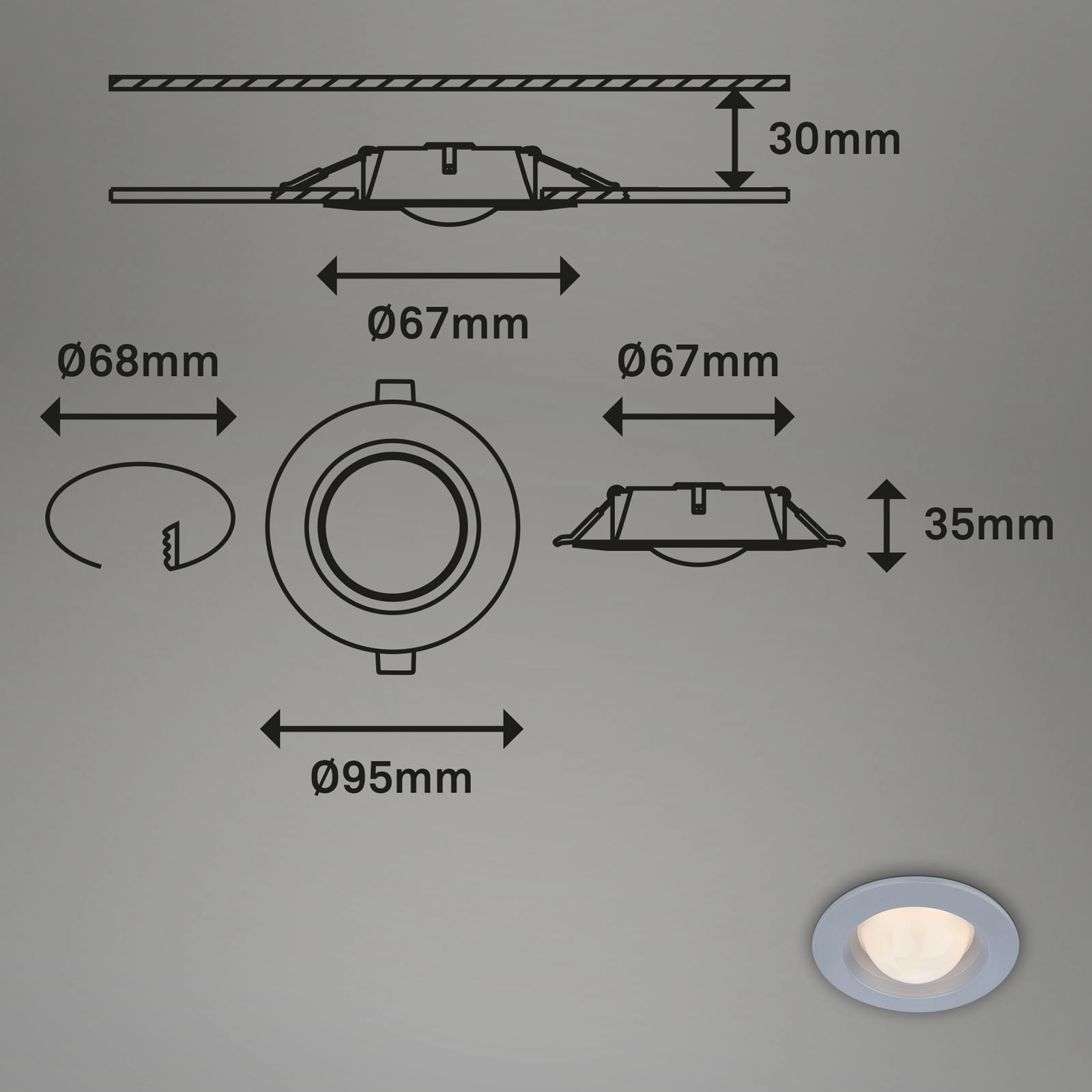 LED Einbauleuchten-Set, Ø9,5 cm, 3x LED, 3 W, 260 lm, chrom-matt