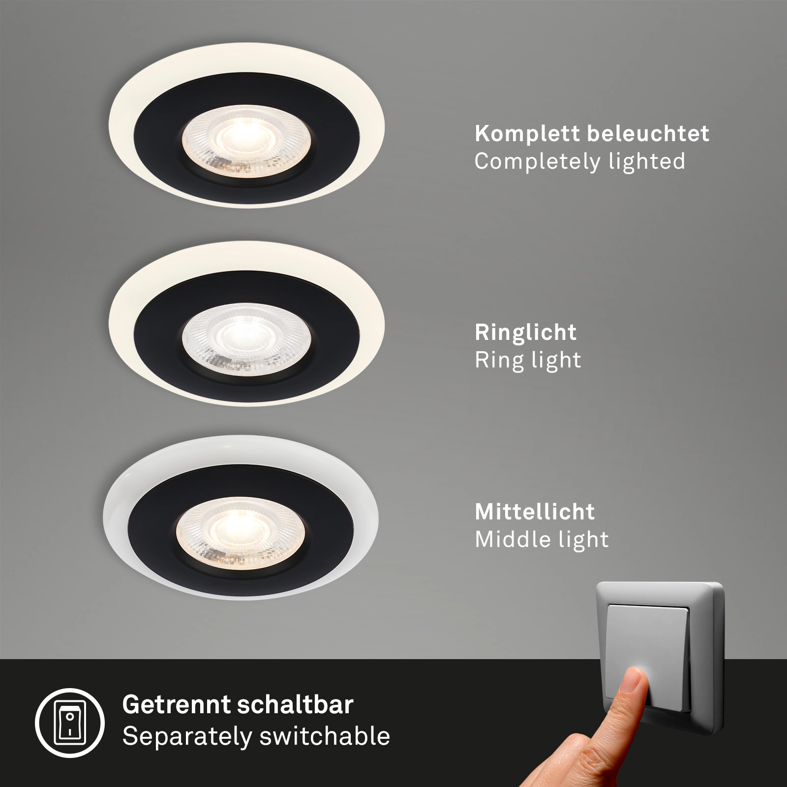 LED Einbauleuchten-Set, Ø8,4 cm, 3x LED, 5 W, 460 lm, schwarz