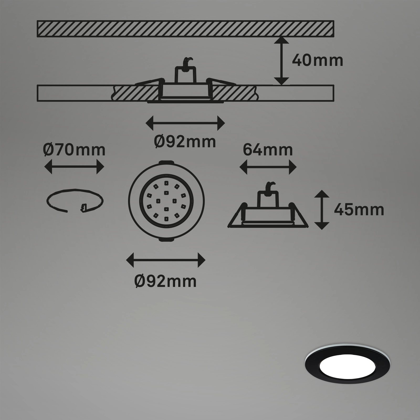 RGB-CCT LED Einbauleuchten-Set, Ø9,2 cm, 3x LED, 4,8 W, 450 lm, schwarz