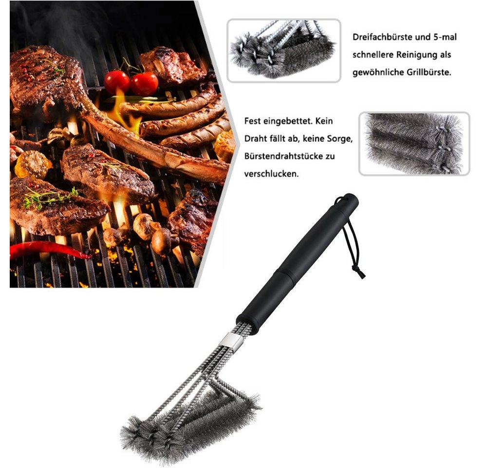 BOTRIBAS Grillbürste »Grillbürste, Grill bürste mit DREI Bürstenköpfe, 46cm Lange Grillrost Bürste mit Rutschfester Griff, Edelstahl Grillbürste, hartnäckigen Schmutz und Rost unkompliziert entfernen zu können«
