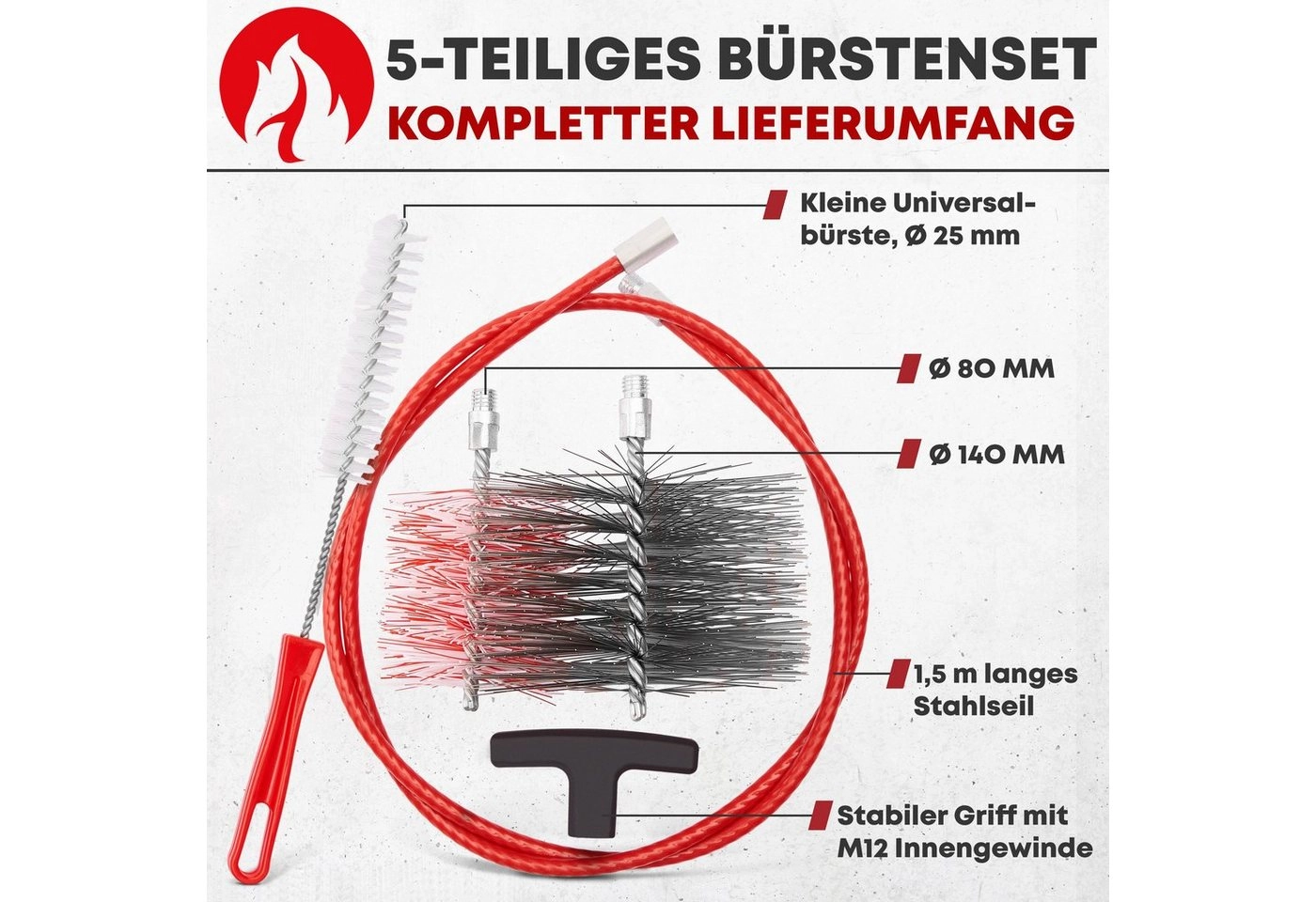 Danskfyre Grillbürste »Kaminofen und Pelletofen Reinigungsset, mit flexibler Schubstange, 80 und 150 mm Ofenrohrbürsten«