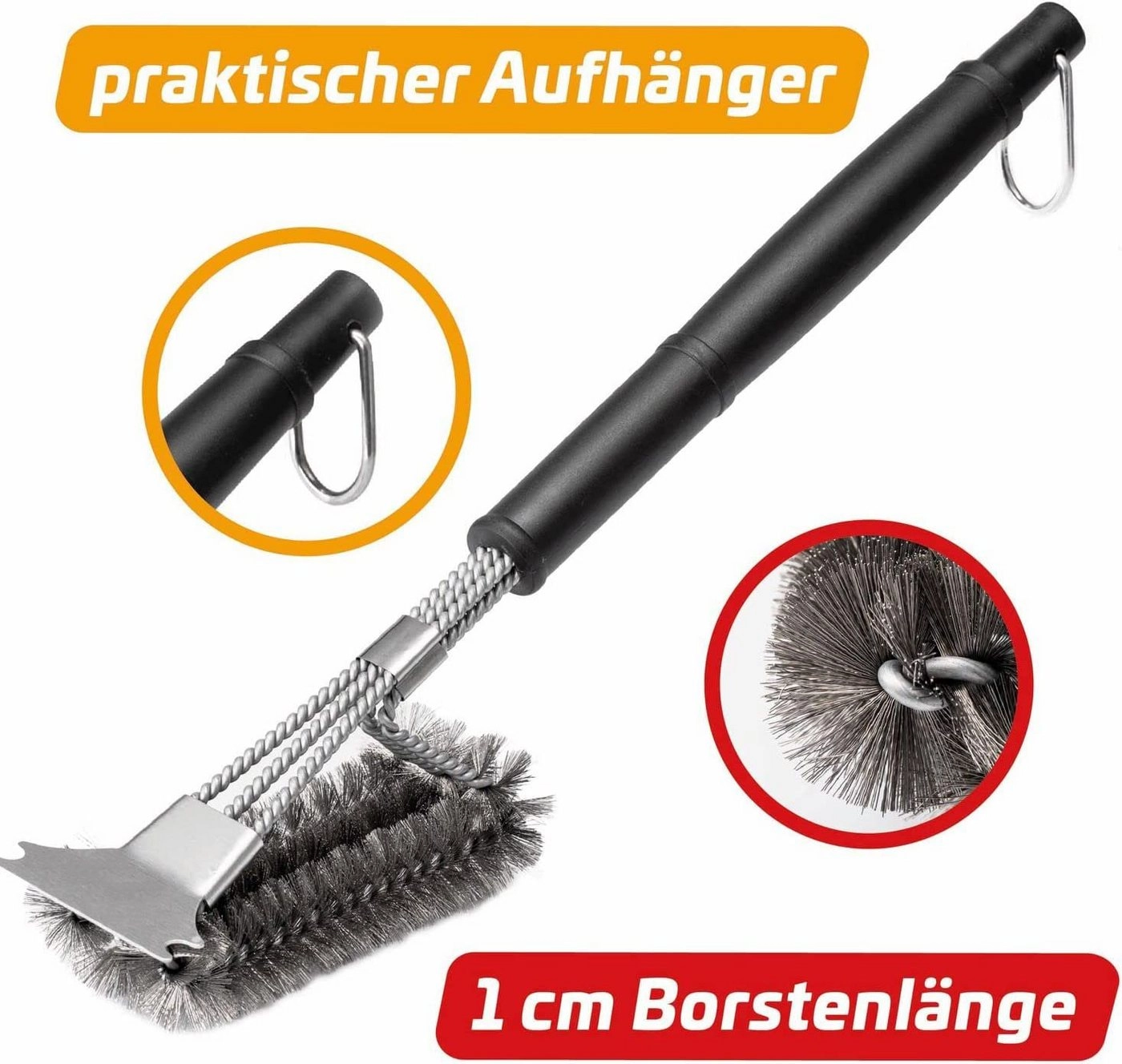 Brightake Grillbürste »Premium Grillbürste mit Messing Borsten und schraubbarem Griff, 45 cm - Grill Reinigungsbürste für Grillrost, Grillrost Bürste mit langem 3-Fach Bürstenkopf und Schaber«