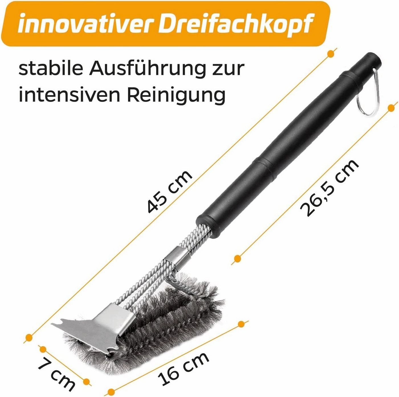 Brightake Grillbürste »Premium Grillbürste mit Messing Borsten und schraubbarem Griff, 45 cm - Grill Reinigungsbürste für Grillrost, Grillrost Bürste mit langem 3-Fach Bürstenkopf und Schaber«