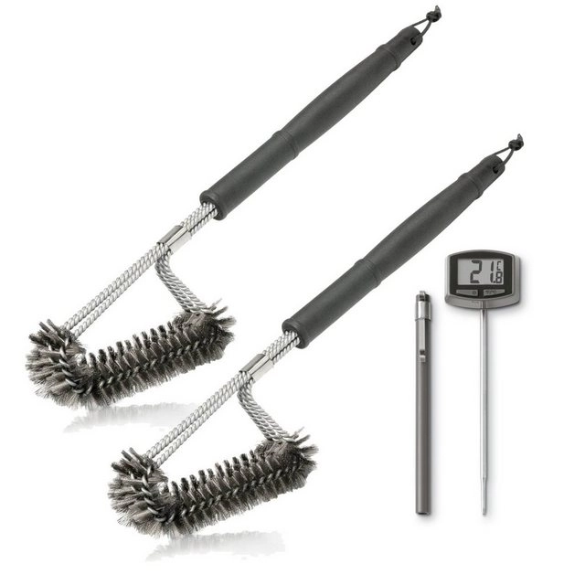 BlueCraft Grillbürste, 2 x Grillbürste aus Edelstahl für Gasgrills und Holzkohlegrills inkl. Weber Einstech-Grillthermometer 830, 6492