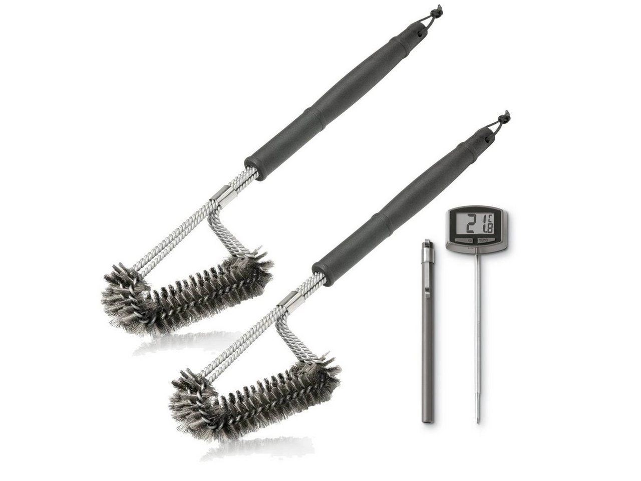BlueCraft Grillbürste, 2 x Grillbürste aus Edelstahl für Gasgrills und Holzkohlegrills inkl. Weber Einstech-Grillthermometer 830, 6492