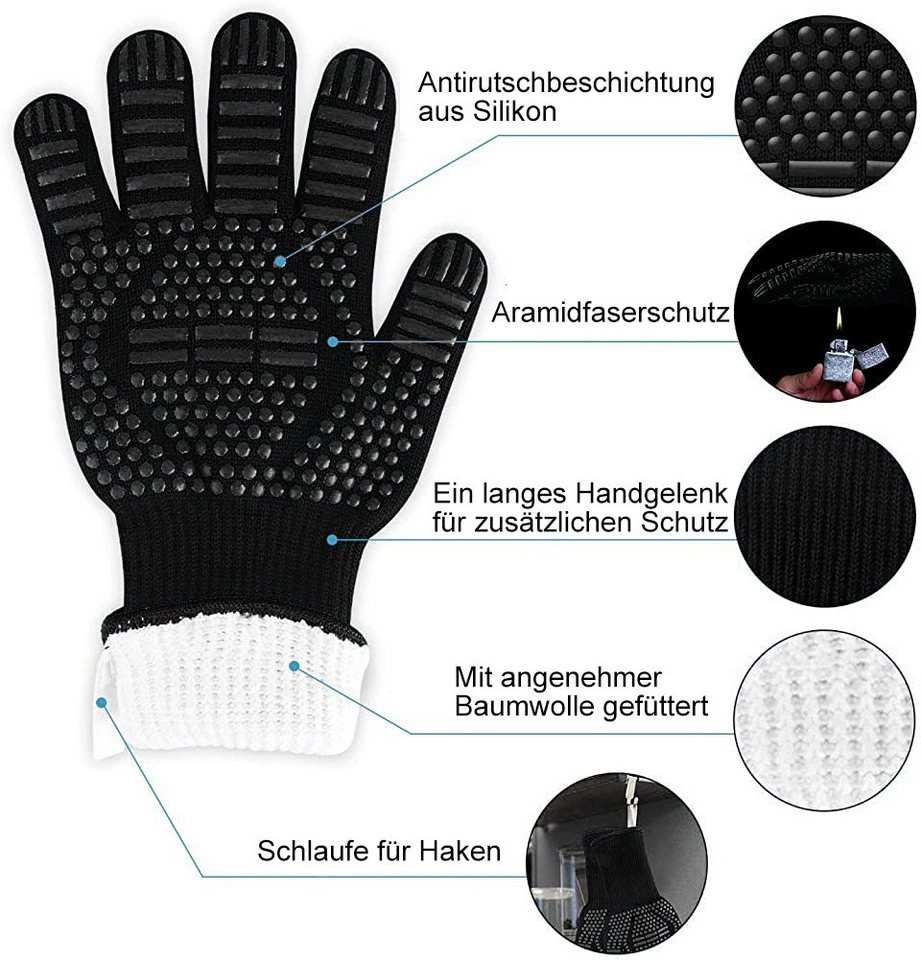 AcserGery Hitzeschutzhandschuhe »Rutschfeste Silikon-Grillhandschuhe für Grillofen Hitzebeständige Kochhandschuhe Kaminhandschuhe Kaminhandschuhe bis 800°C (Schwarz)«