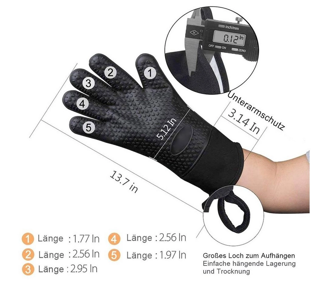 BEARSU Hitzeschutzhandschuhe »Hitzebeständige Handschuhe, Silikon-Ofenhandschuhe für Küche, Grillen, Unterarmschutz, rutschfest, wasserdicht mit interner Baumwollschicht zum Kochen, Backen, Grillen, Outdoor«