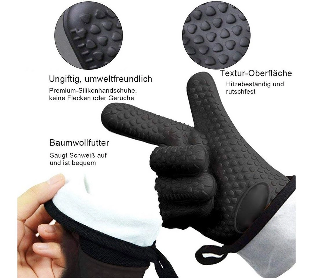 BEARSU Hitzeschutzhandschuhe »Hitzebeständige Handschuhe, Silikon-Ofenhandschuhe für Küche, Grillen, Unterarmschutz, rutschfest, wasserdicht mit interner Baumwollschicht zum Kochen, Backen, Grillen, Outdoor«