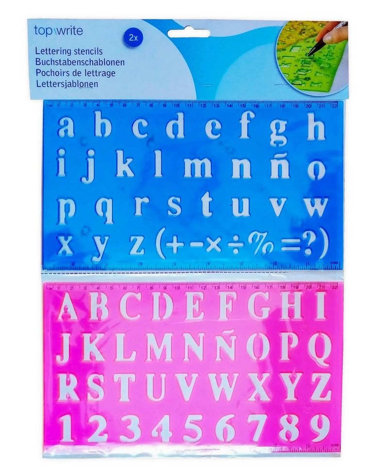 Topwrite Kids Zeichenschablone »BUCHSTABENSCHABLONEN Set 2-teilig aus Kunststoff Linien Zahlenschablonen Buchstaben Ziffern Alphabet Schablonen Sonderzeichen 00 (Blau/Pink)«