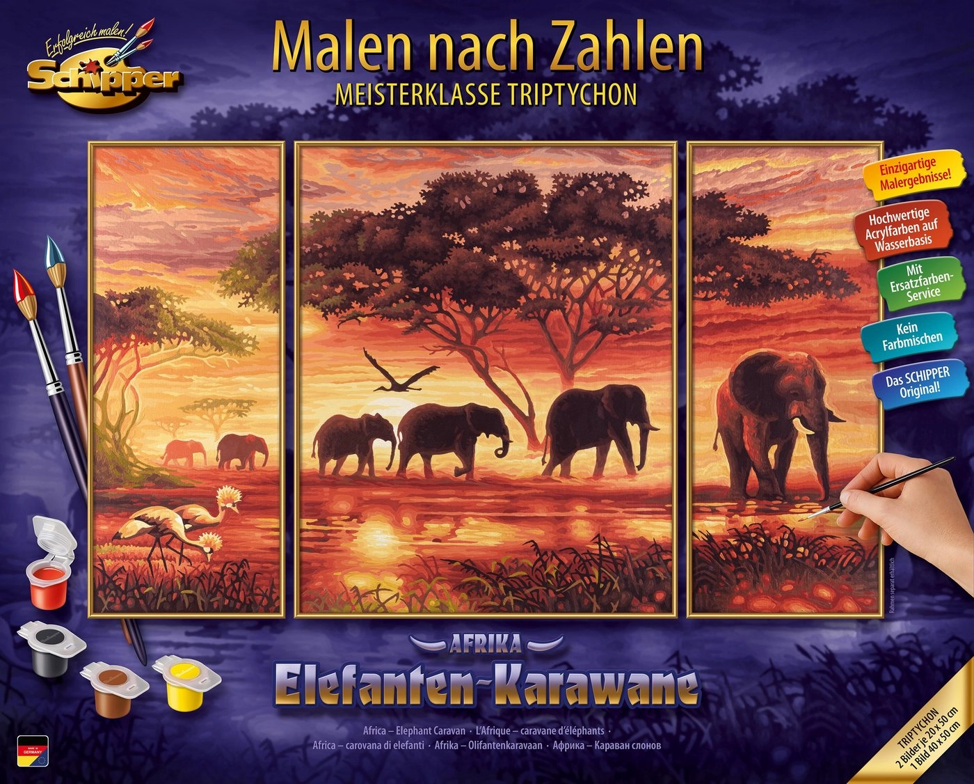 Schipper Malen nach Zahlen »Meisterklasse Triptychon - Elefanten Karawane«, Made in Germany