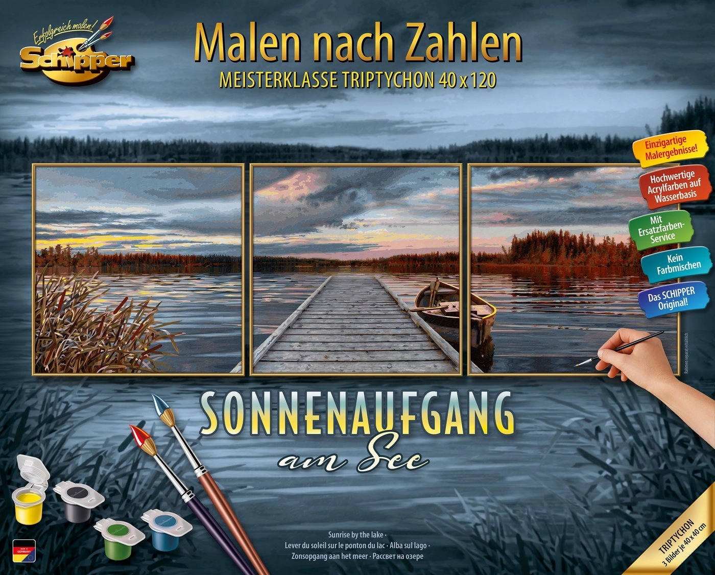 Schipper Malen nach Zahlen »Meisterklasse Triptychon - Sonnenaufgang am See«, Made in Germany