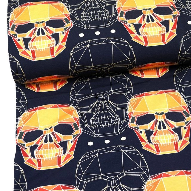 larissastoffe Stoff »French Terry, Sweat Skull Totenkopf schwarz-orange«, Meterware, 50 cm x 150 cm