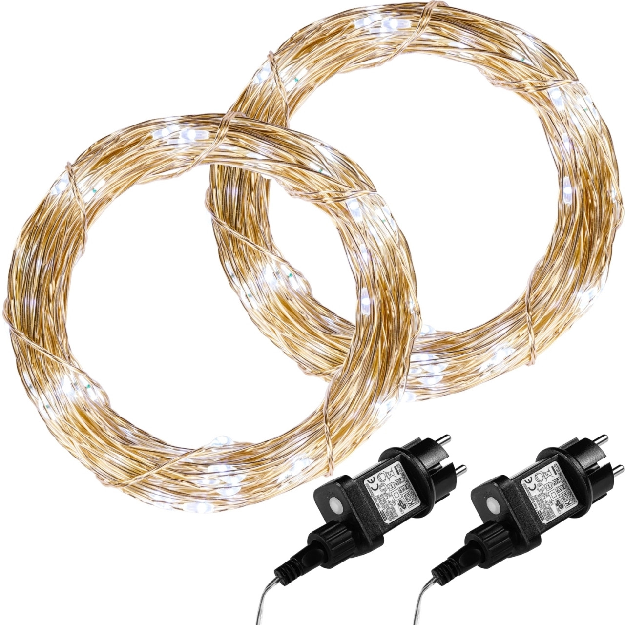 VOLTRONIC® 2Set 50 LED Lichterkette Draht, kaltweiß, Adapter