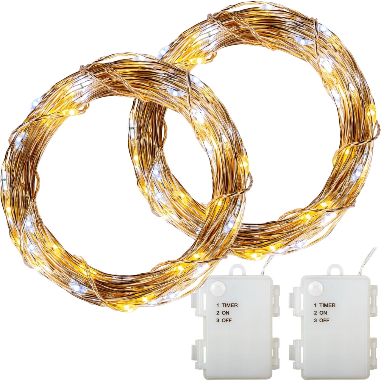 VOLTRONIC® 2Set 100 LED Lichterkette Draht, warm/kalt, Batt