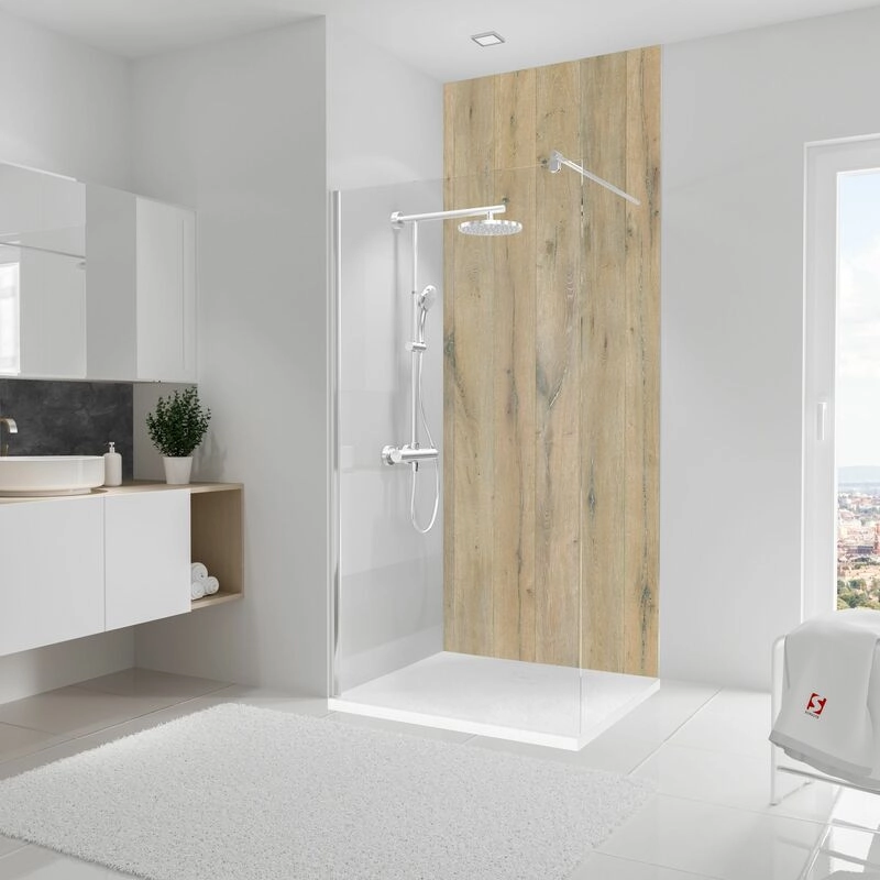 Schulte - DecoDesign Duschrückwand, Wandverkleidung aus 3mm Aluminium- Verbundplatte als fugenloser Fliesenersatz, Dekor: Holz aus Landhauseiche,