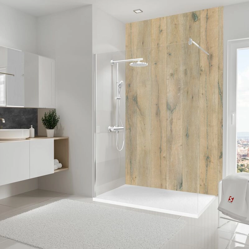 Schulte - DecoDesign Duschrückwand, Wandverkleidung aus 3mm Aluminium- Verbundplatte als fugenloser Fliesenersatz, Dekor: Holz aus Landhauseiche,