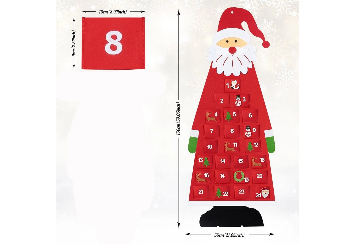 Homewit Adventskalender H 150cm * W 55cm Filz-Adventskalender (Santa Adventskalender zum Befüllen mit 24 Taschen Wandbehang DIY Weihnachtsmann Filz Nikolaus Countdown Dekoration, 1-tlg), für Weihnachten Geschenk, Weihnachtsschmuck, Home