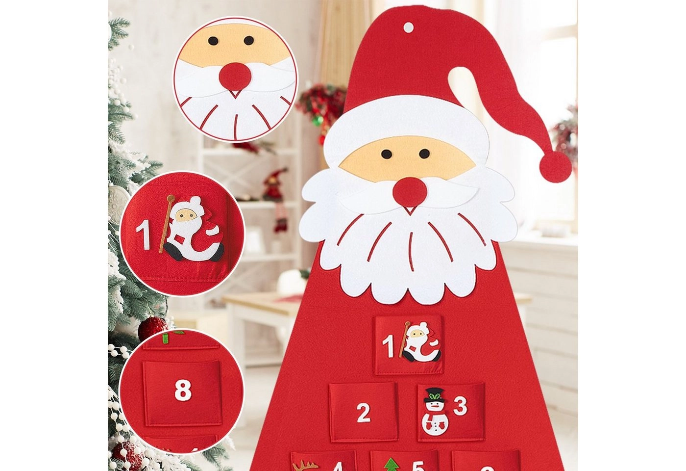 Homewit Adventskalender H 150cm * W 55cm Filz-Adventskalender (Santa Adventskalender zum Befüllen mit 24 Taschen Wandbehang DIY Weihnachtsmann Filz Nikolaus Countdown Dekoration, 1-tlg), für Weihnachten Geschenk, Weihnachtsschmuck, Home