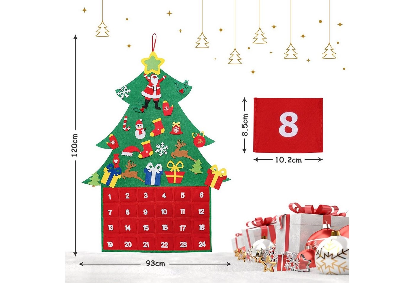 Homewit Adventskalender 25-teilig Filz-Adventskalender (H 120cm * W 93cm Weihnachtsbaum Adventskalender Weihnachten Adventskalender DIY Wandbehang mit 24 Taschen Filz Adventskalender Geschenk, 1-tlg), für Weihnachtsschmuck Home Wanddekorationen