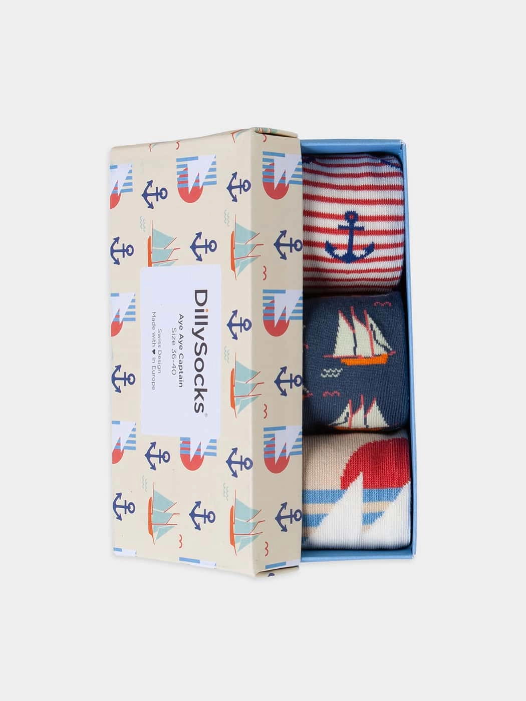 - Socken-Geschenkbox in Gelb Blau Rot mit Wasser Motiv/Muster