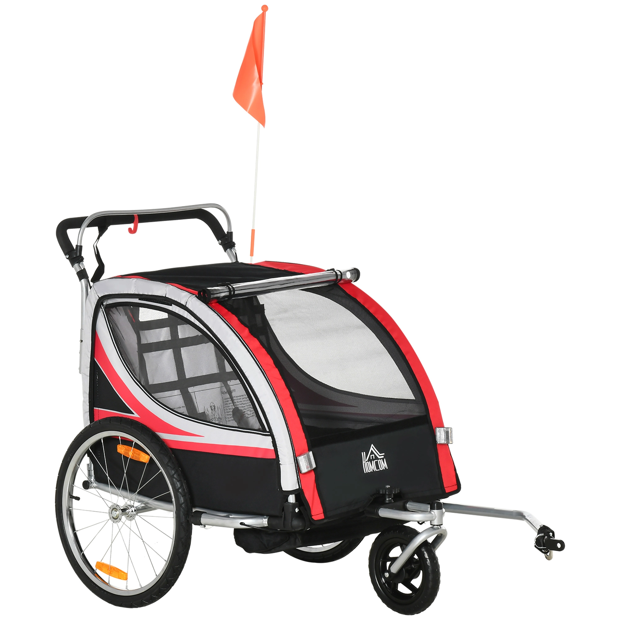 HOMCOM Fahrradanhänger Kinderanhänger mit Mesh-Tür für 2 Kinder mit Bremse und Aufbewahrungstasche Oxfordstoff rot+schwarz 142 x 75 x 101cm