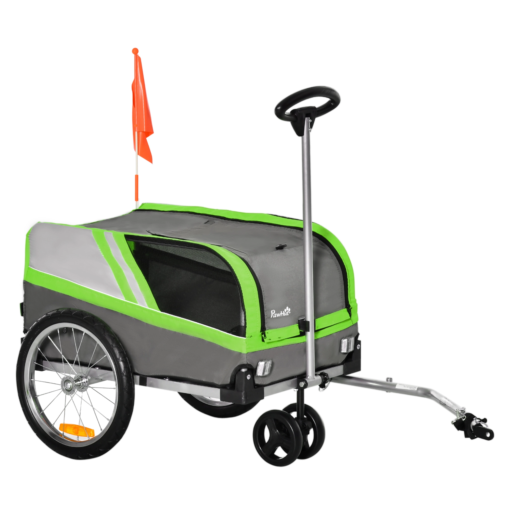 PawHut 2-in-1 Hundeanhänger Trolley Lastenanhänger Fahrradanhänger Transportanhänger Haustierwagen atmungsaktiv Metall Oxford-Gewebe Grün+Grau