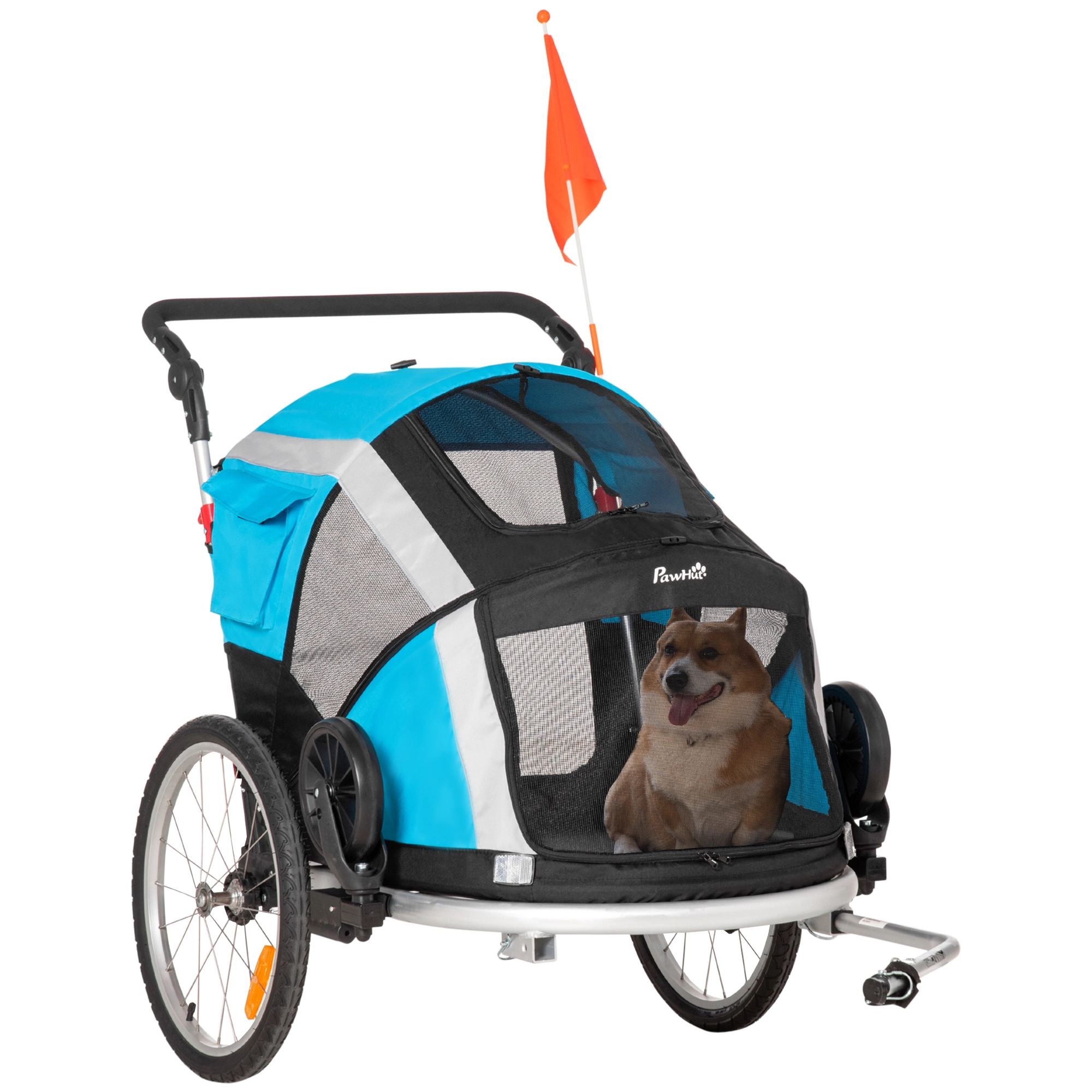 PawHut 2-in-1 Hundeanhänger klappbar Haustier Fahrradanhänger Hundetransporter Oxfordstoff Metall Blau+Silber 150 x 82 x 108 cm