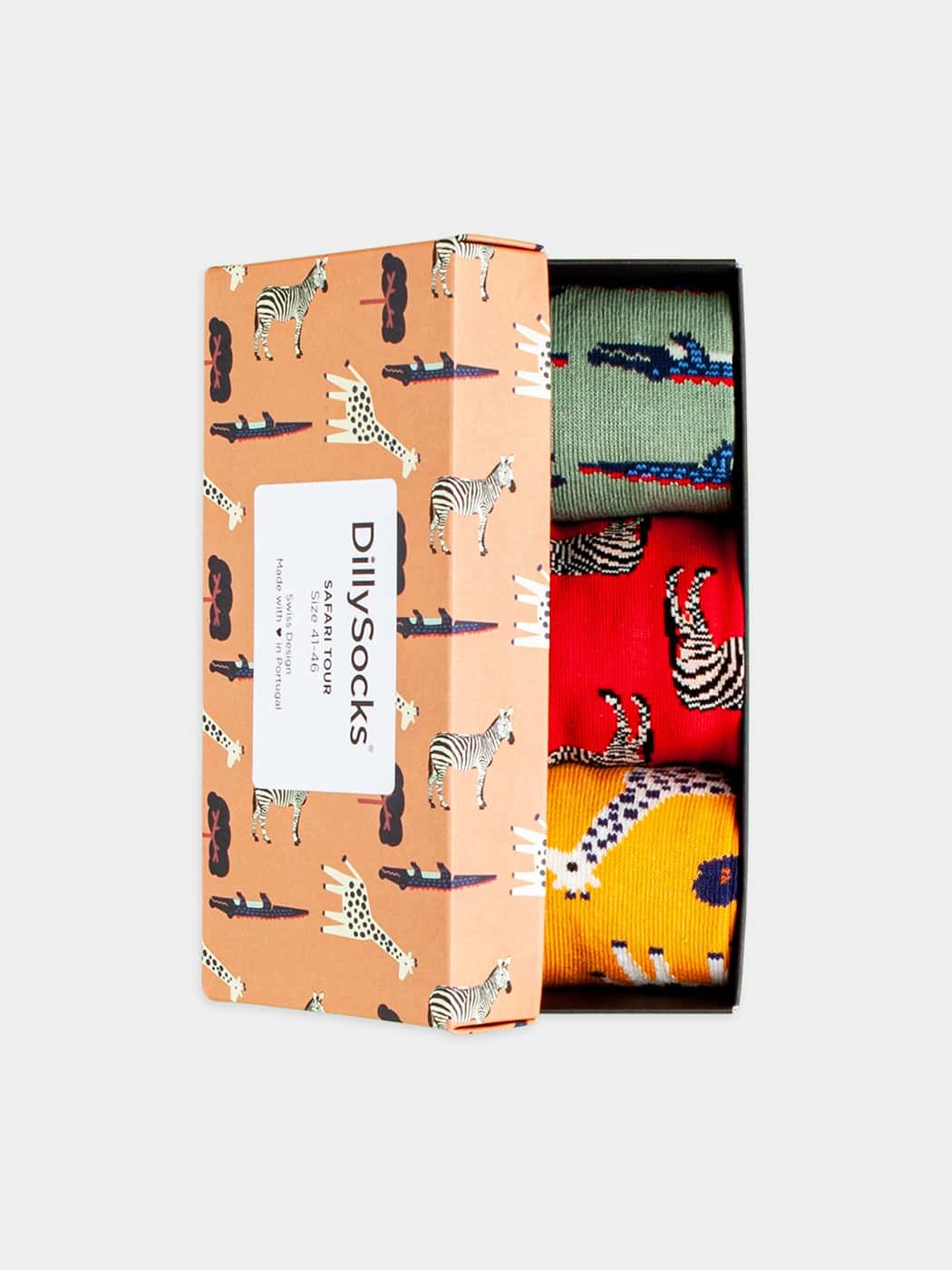 - Socken-Geschenkbox in Gelb Rot Grün mit Tier Motiv/Muster