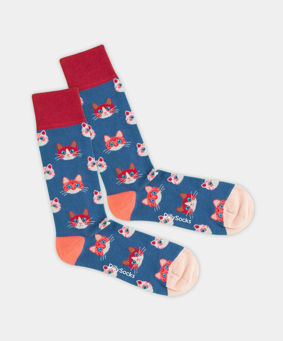 - Socken in Blau mit Tier Katze Motiv/Muster