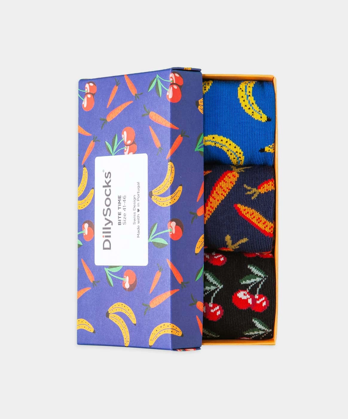 - Socken-Geschenkbox in Blau Schwarz mit Früchte Essen Motiv/Muster