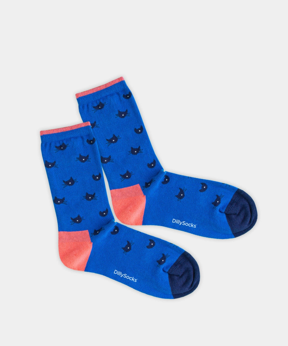 - Damensocken in Blau mit Tier Katze Motiv/Muster