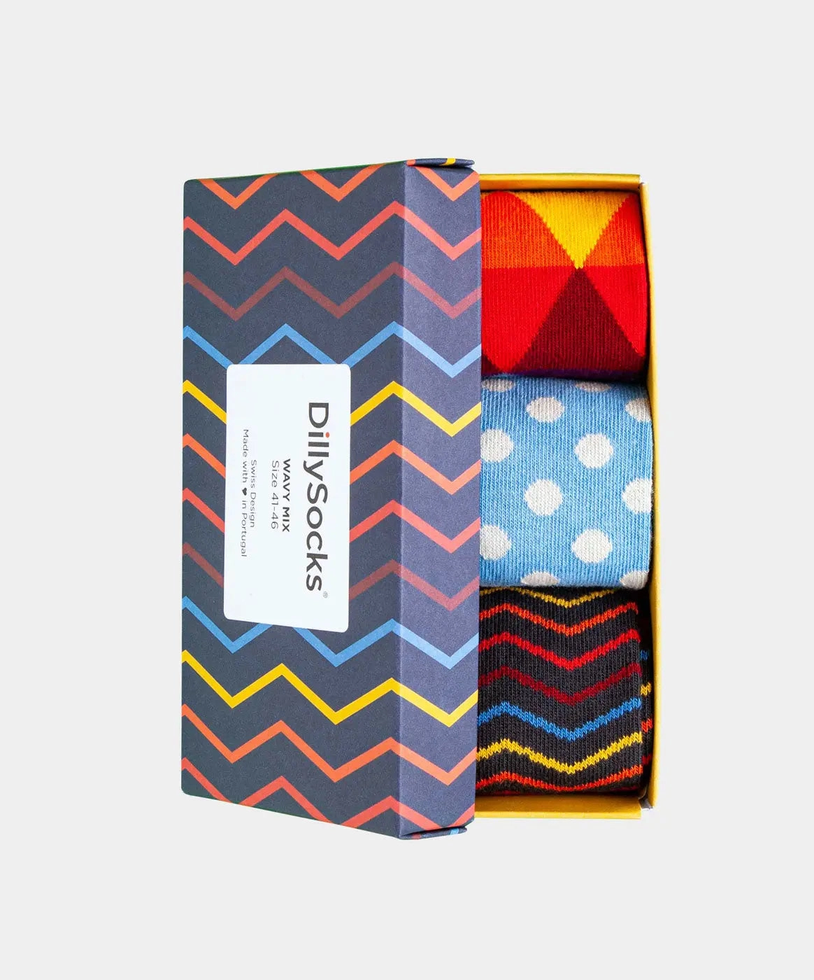 - Socken-Geschenkbox in Gelb Blau Rot mit Punkte Streifen Geometrisch Motiv/Muster