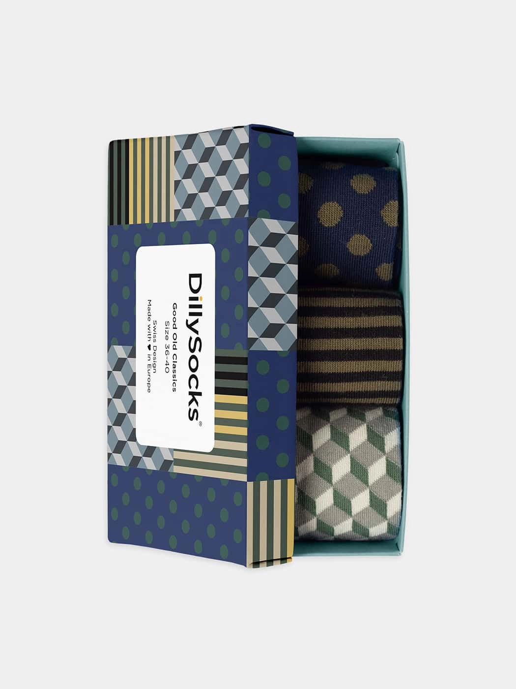 - Socken-Geschenkbox in Bunt mit Streifen Punkte Motiv/Muster