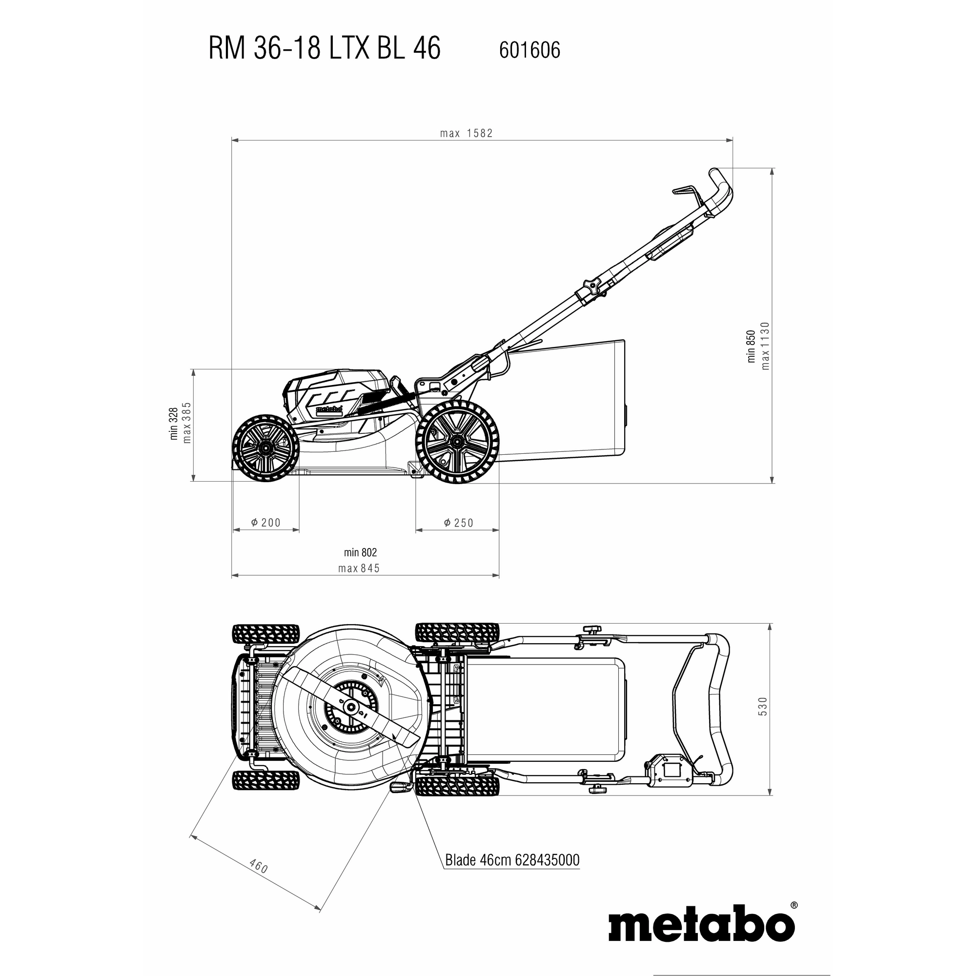 Metabo Akku-Rasenmäher 'RM 36-18 LTX BL 46' 800 m² mit 2 x 18 V Akkus, bis 800 m²